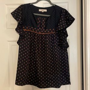 Loft flowy satin blouse size medium. Blue with orange, red, and white details